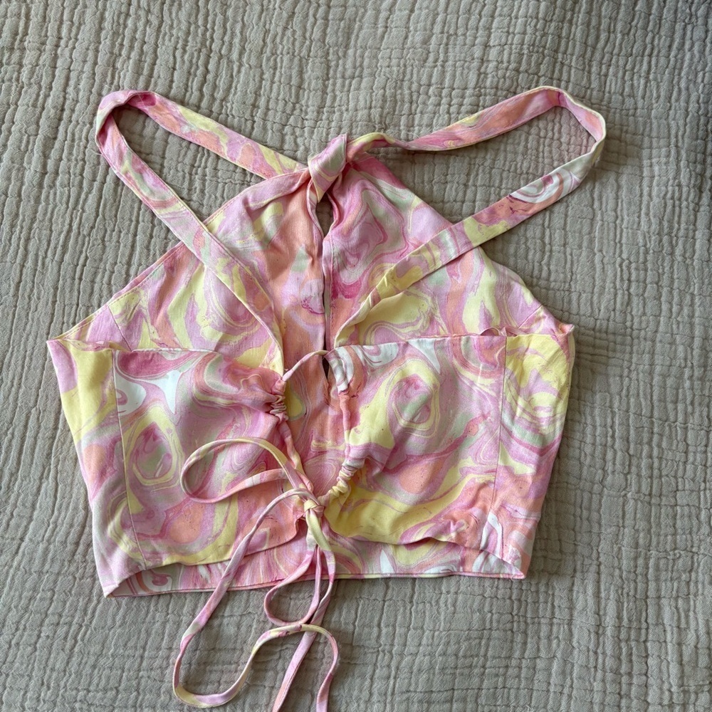 Zara Satin Marbled Keyhole Top Pink Yellow Watercolor Tie Back Halter size S - Picture 7 of 10